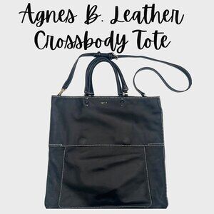 Agnes B. Black Leather Crossbody Tote Bag with Contrast Stitching